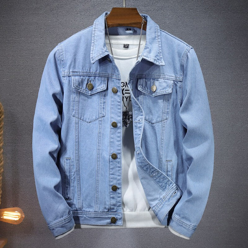 Men's casual denim jacket for spring and fall, metallic single-breasted denim jacket size M-5XL