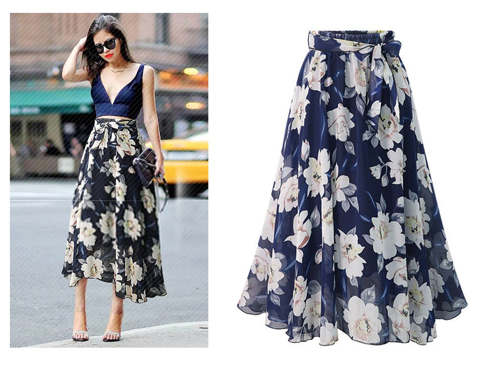 Plus Size Print Floral Skirt Women 2024 Summer Loose Elastic High Waist Chiffon Midi Skirts Lace Up Bow L-5XL Swing Jupe Femme
