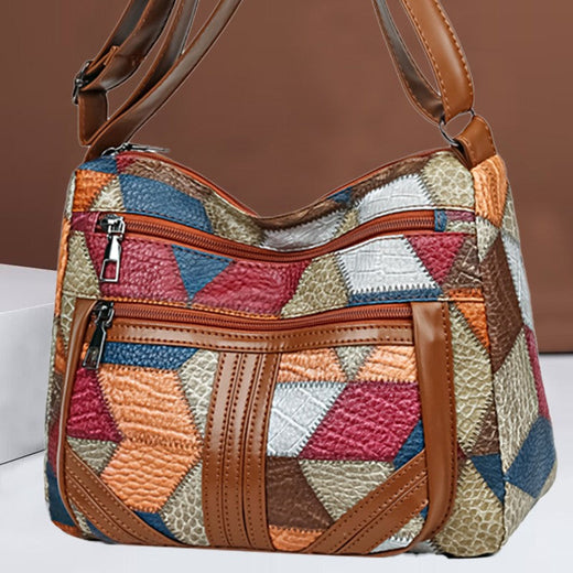 Women's Crossbody Shoulder Bag, Lightweight Geometric Pattern, Multi-Layer Design, Secure Zipper Closure, Colorful Accessories