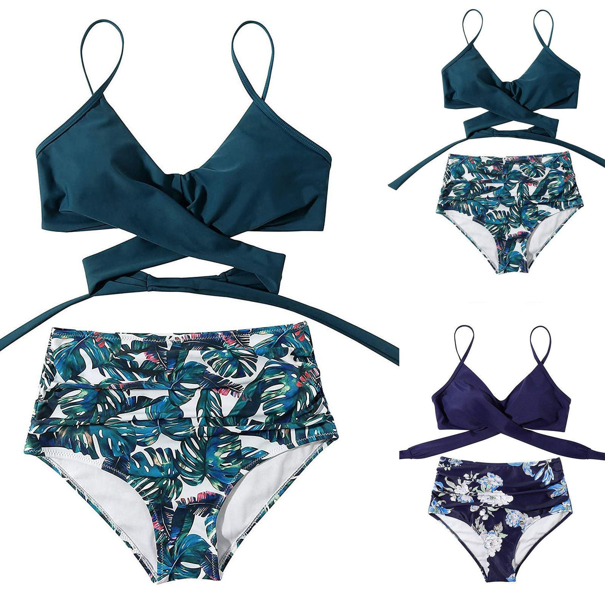 bikini Beach Style Floral Printed Women's Swimsuit Cross High Waisted Tow-piece For Teenagers biquinis feminino tendência 2024