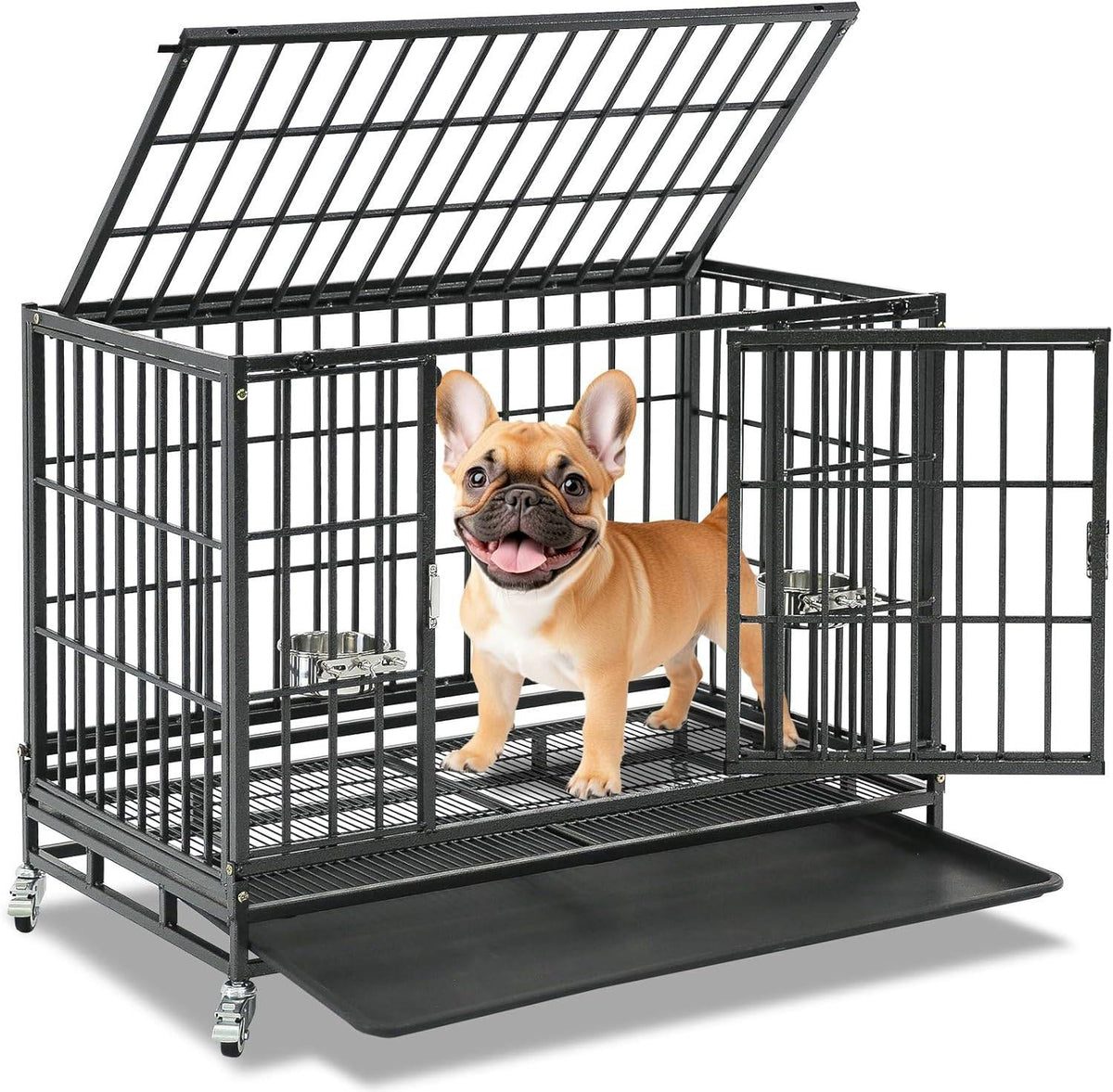 37' Stackable Heavy Duty Dog Crate, Escape Proof Kennel with Lockable Wheels, Removable Tray & Metal Grid for Medium/Small Dogs