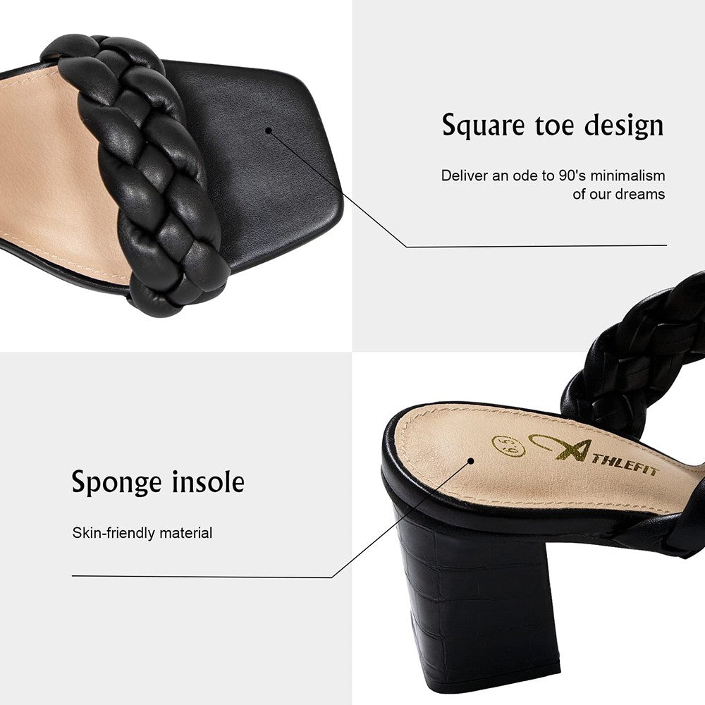 Elegant Women's Braided Heels Sandalias Fashion Strappy Square Sandals Open Toe Backless Mules Slip On Block Heeled Shoes