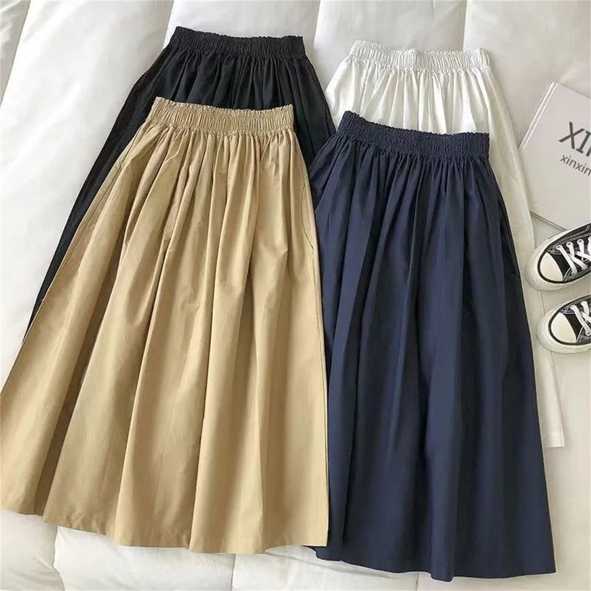 Women Solid Long Skirt Fashion Pockets Pleated Knee Length Skirts Autumn 2025 New Casual Elegant High Waist A Line Femme Skirts