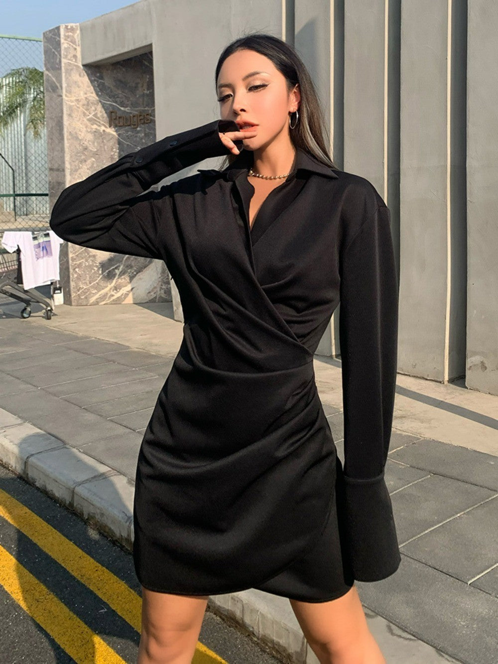 Onyx Shirt Dress Women Long Sleeve Belted Silhouette Autumn Winter Boss Lady Aesthetic Curve Flattering Minimalist PowerDressing