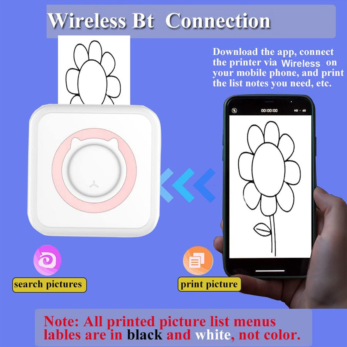 Portable Mini printer,thermal pocket Label printer, for Android or IOS APP, inkless sticker printer, suitable for home, office