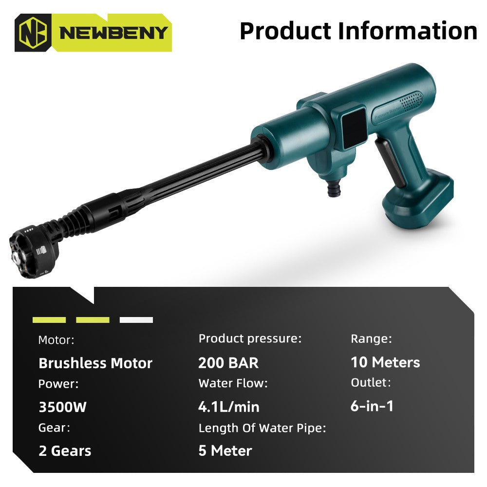 NEWBENY 200Bar Brushless High Pressure Car Washer Gun 6 IN 1 Electric Garden Washing Water Wash Spray Gun For Makita Battery Pin