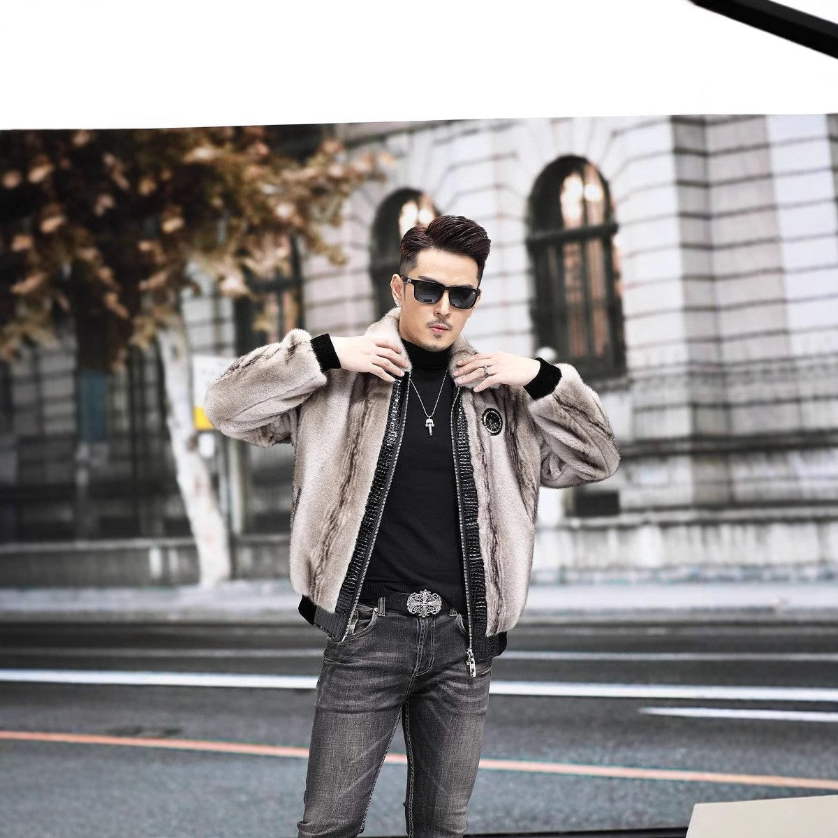Zipper Cardigan Spliced Faux Leather Men Long Sleeve Jackets Turn Down Collar Coat Long Sleeve High Street 2025 Autumn Slim
