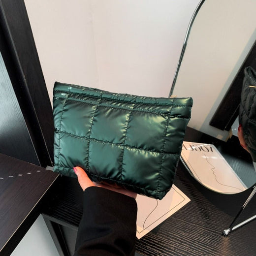 Cotton Filled Puffer Pouch Large Capacity PU Leather Puffer Padded Makeup Bag Sewn Korean Style Thick Plaid Clutch Bag Work