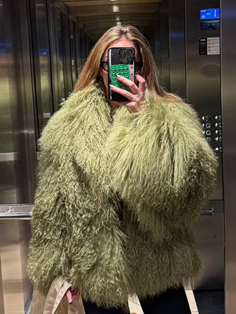 Fashion Solid Plush Faux Fur Coat Women Elegant Warm Long Sleeves Loose Jacket 2025 Lady Winter Chic High Street Outerwear ?
