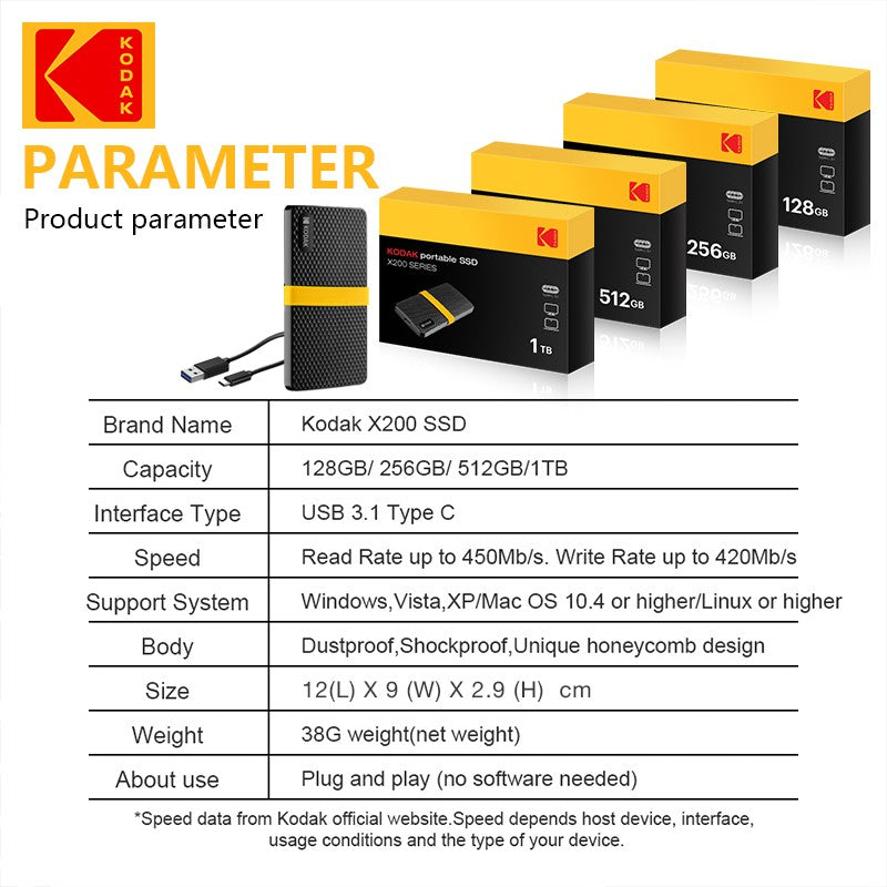 KODAK USB3.1 GEN2 SSD 1TB External Hard Drive 128GB 256GB 512GB 1TB Solid state Mini PSSD For PC laptops disco duro externo