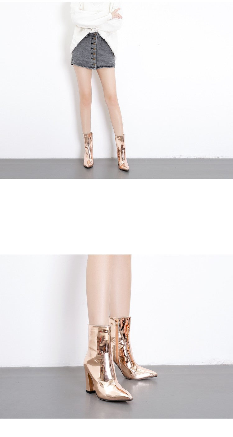 Aneikeh 2025 Spring Fashion Silver Patent Leather Women Ankle Boots Pointed Toe Square High Heels Shoes Chelsea Botas De Mujer