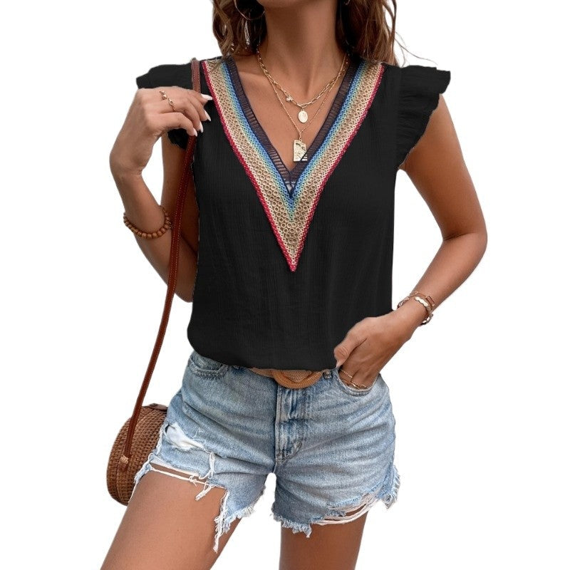 New Women's FashionWomen's V-neck Lace Pleated Sleeves Fashionable Casual Shirt Tops Ladies Casual Commuting Shirt