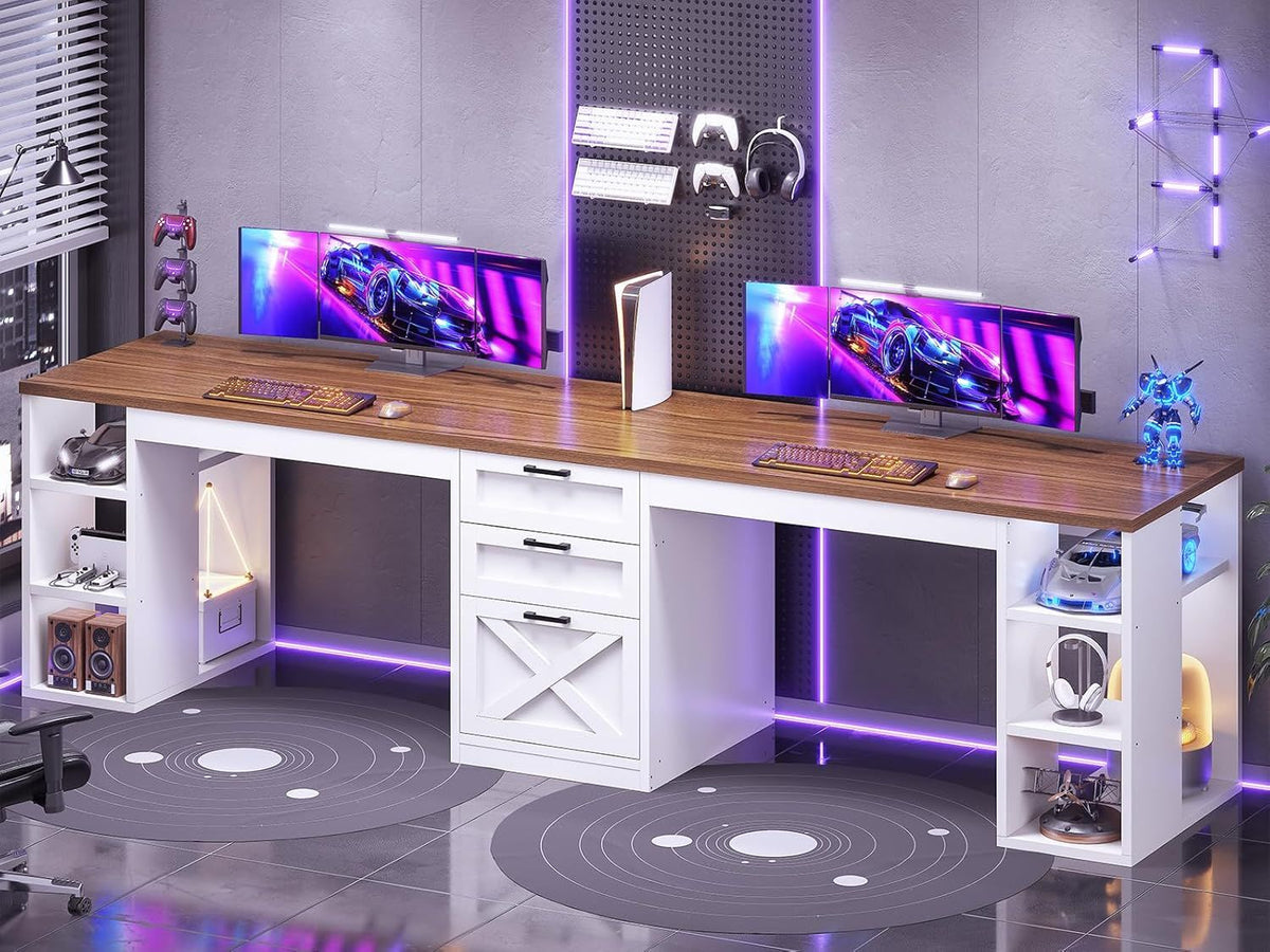 96.5" Computer Desk with Drawers,2 Person Home Office Desk,Gaming Double Desk with Storage Shelves, Long Two Person Writing Desk