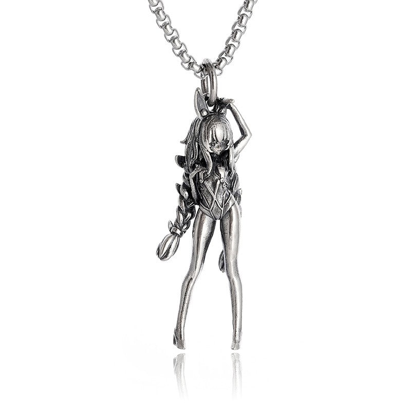 Silver-Plated Anime Mecha Beautiful Girl Girl Pendant Necklace Men and Women Hip-Hop Rock Punk Trendy Jewelry Gift