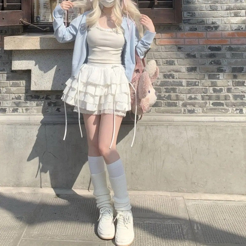 Summer White Mini Skirts Women Lace Patchwork Sweet A-line Slim High Street Bow Korean Fashion Y2k Skirt Harajuku Streetwear Ins
