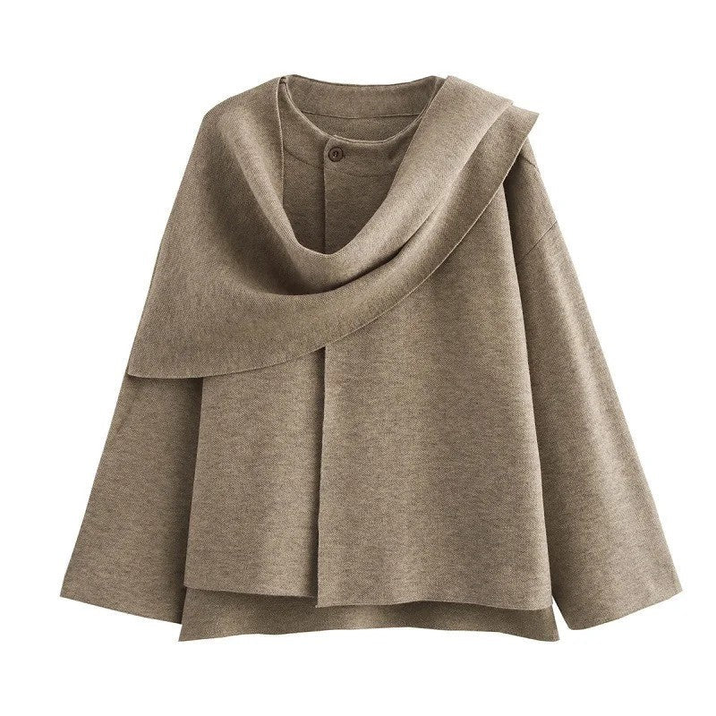 Elegant Coat Women Scarf Collar Long Sleeve Button Irregular Jackets European and American Style Streetwear Casual Outerwear