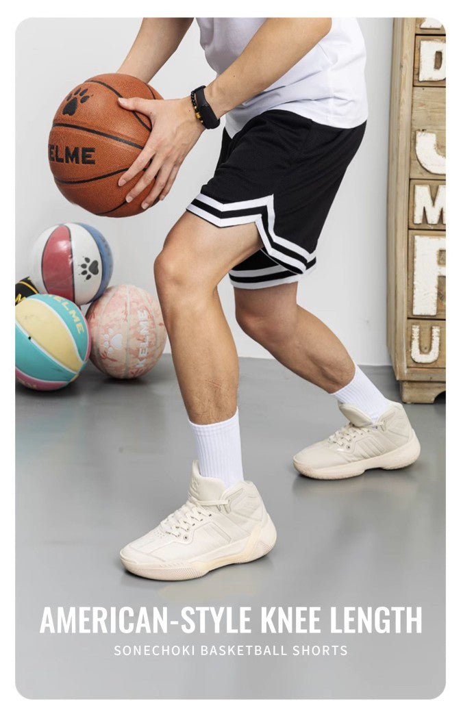 SONECHOKI Knee Length Basketball Shorts Men Striped Loose Running Sport Gym Mesh Breathable Fitness Training Workout Bottom Male