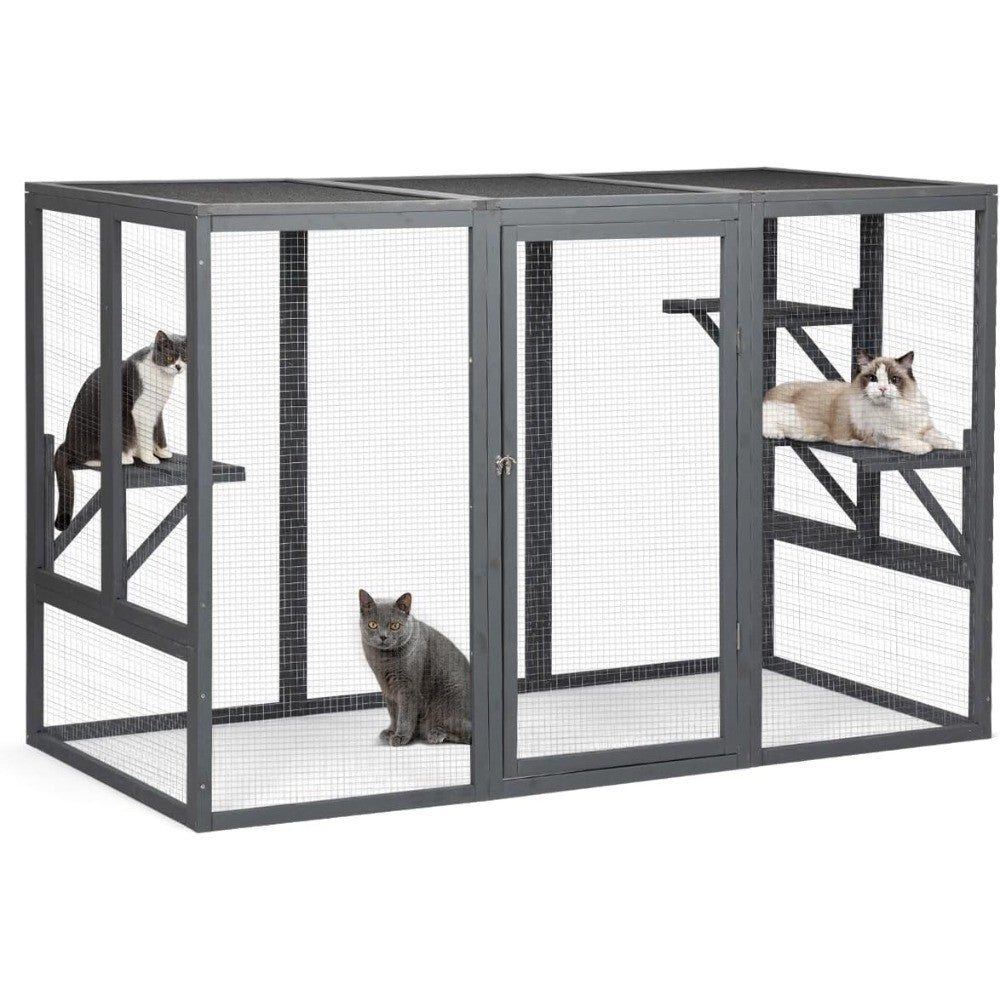 Weatherproof Outdoor Cat Enclosure, Large Wooden Catios with 3 Platforms, Patio Cat Houses for Cats, 71L Enclosed Space