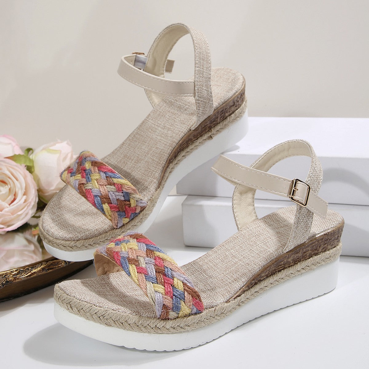 Summer Women's High Heel Sandals Heel Large Size Colorful Braided Rope Sandalias De Mujer Outdoor Versatile Zapatillas De Mujer