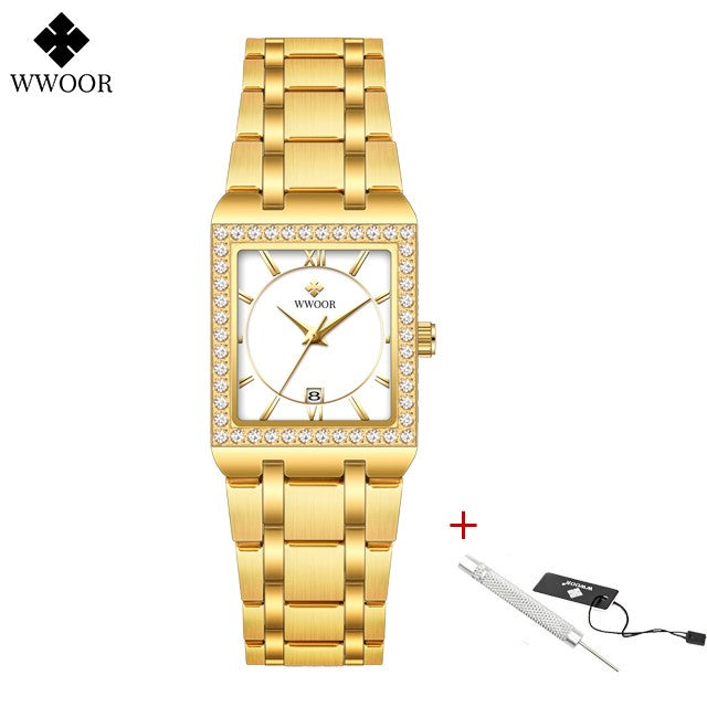 WWOOR Top Brand Luxury New Ladies Diamond Watch Fashion Square lady Wrist Watch Simple Women Dress Small Watch Relogio Feminino