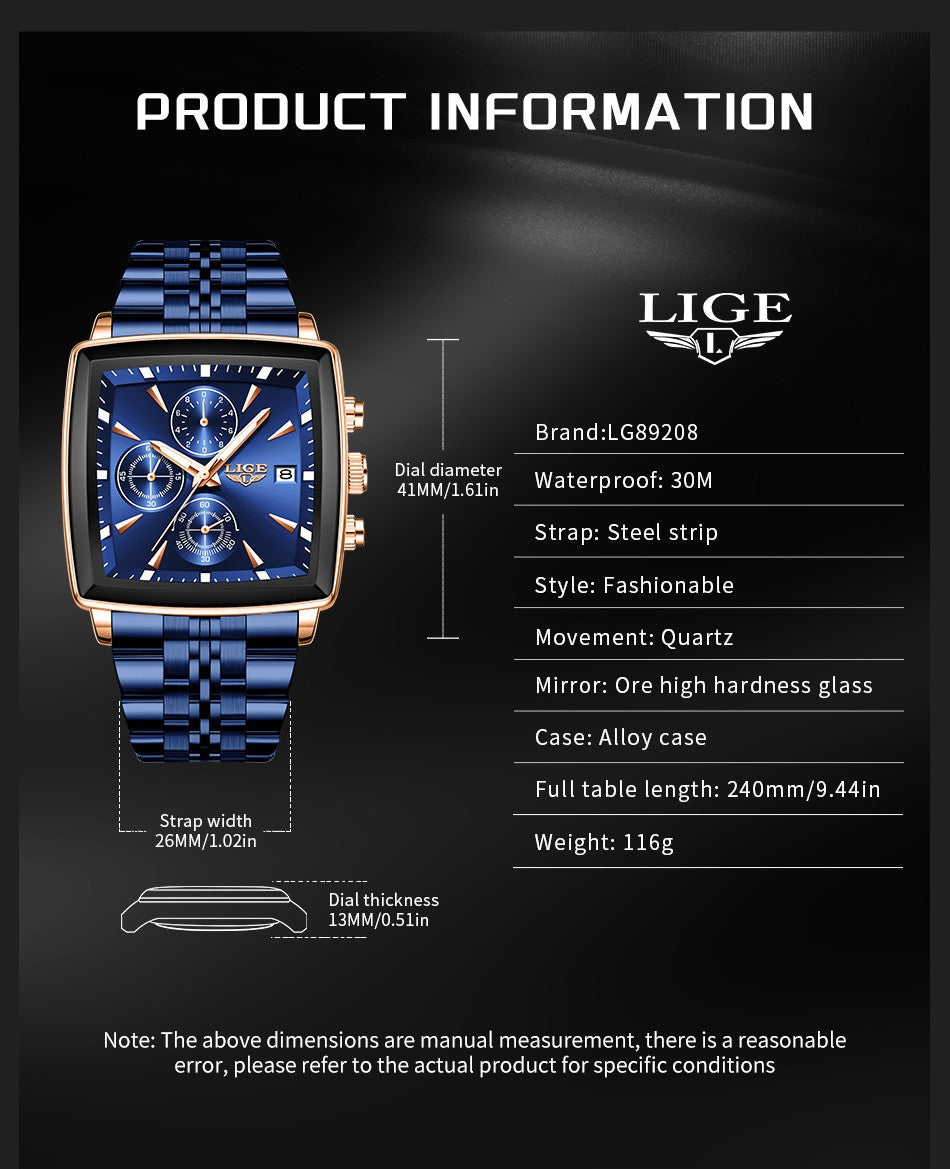 LIGE Top Brand Luxury Mens Watches Fashion Military Square Chronograph Quartz Wristwatches For Men Sports Waterproof Watch Men