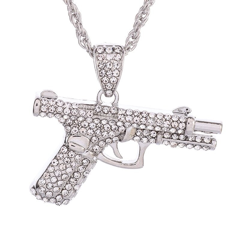 Bling Iced Out Pistol Pendant Submachine Gun Necklace Men Personality Hip Hop Rock Punk Cool Street Party Jewelry Gift