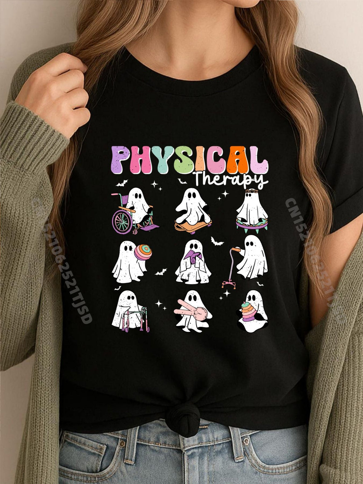 Ghost Physical Therapy Physical Therapist Halloween Groovy XS Graphic T Shirts Shirts For Woman Vintage