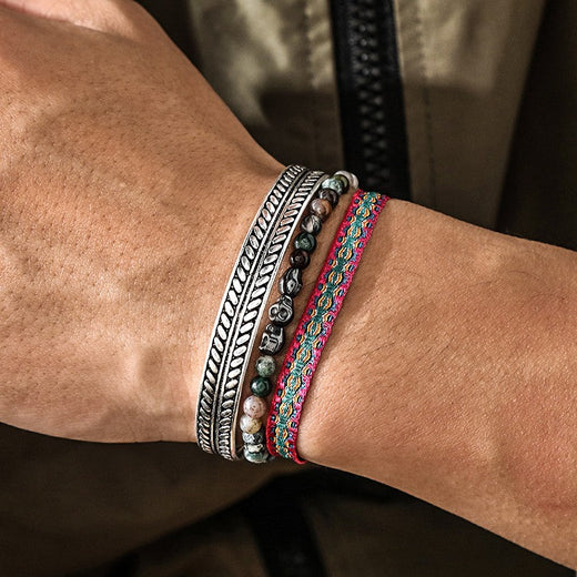 Tibetan Buddha Rope Chain Blue Natural Stone Weathered Beaded For Men 3Pcs/ Set Silver Plated Adjustable Bracelet Jewelry Gift