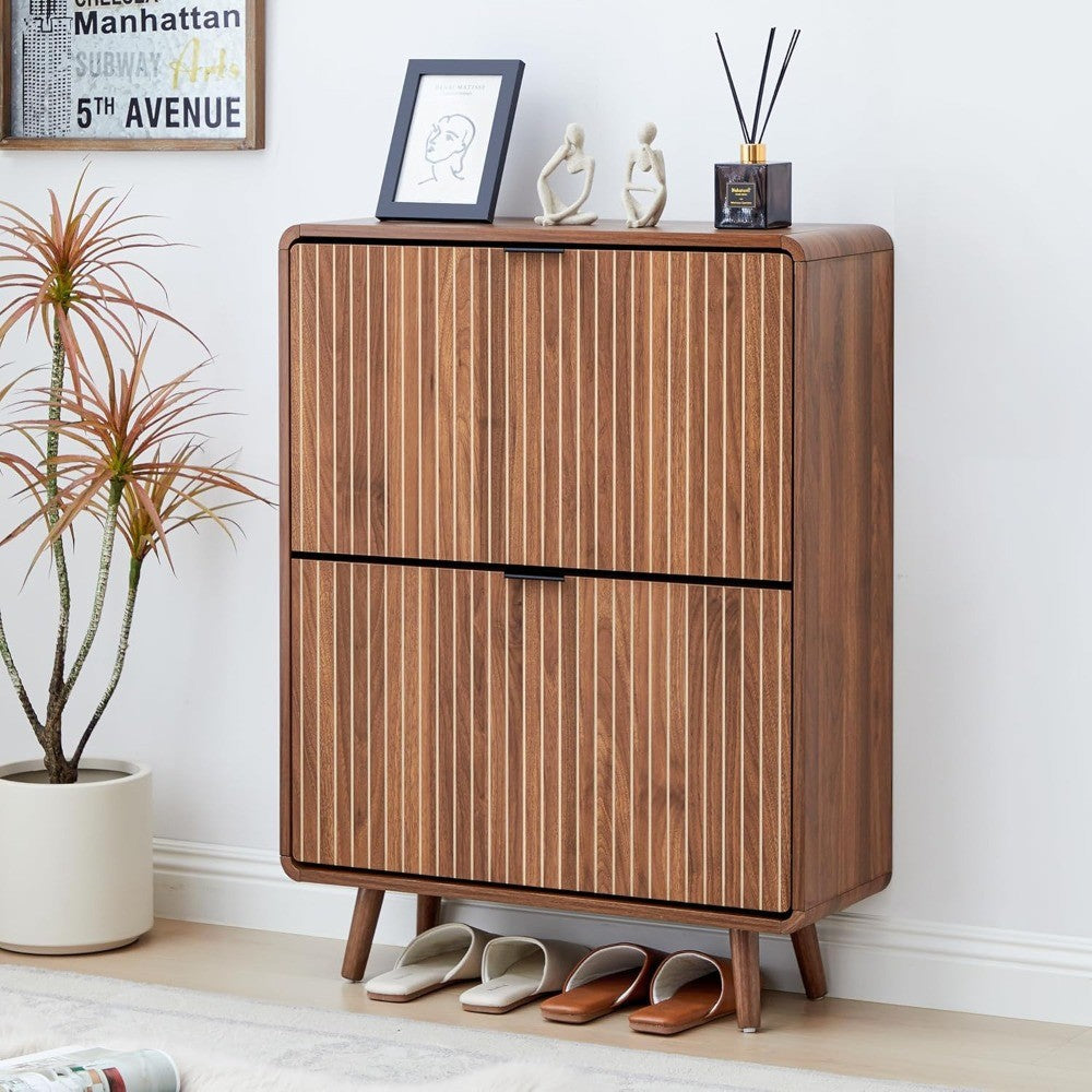 Slim Walnut Shoe Cabinet with Fluted Design and Dual Flip Drawers for Entryway Storage