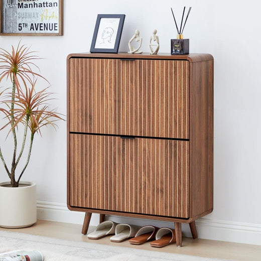 Slim Walnut Shoe Cabinet with Fluted Design and Dual Flip Drawers for Entryway Storage