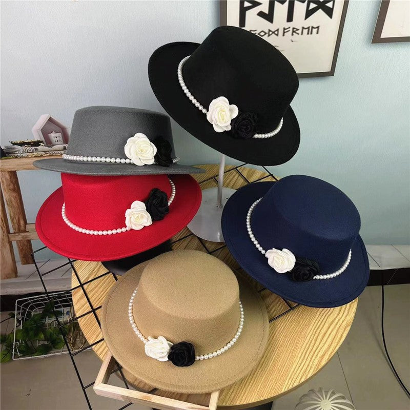 Women's Floral Chain Fedora High Fashion with Pearl Pins Bump Cap Black White Autumen Winter Ladies Fedoras Wide Brim Girl Hat