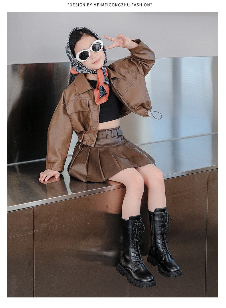 2025 Autumn/Winter Fashion Cool Baby Girls Warm Square Heel Round Toe Casual Lace-Up Comfortable Kids Black Mid Boots