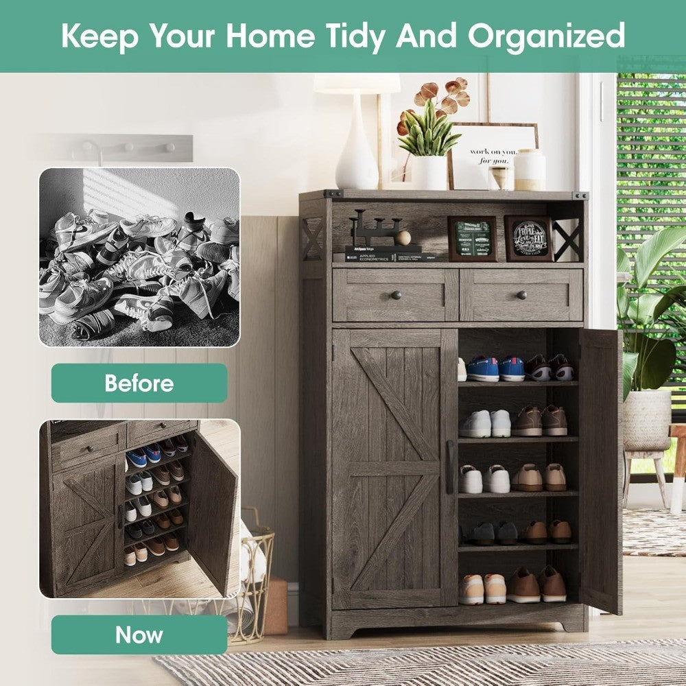 6-Tier Farmhouse Style Shoe Cabinet with Door and 2 Adjustable Shelves Drawers for Storage