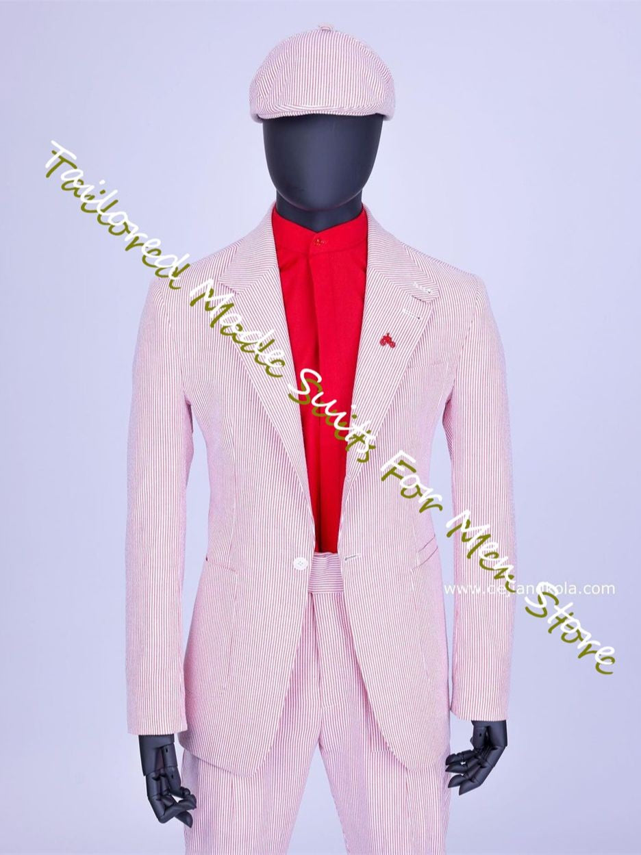 Summer Men'S Blazer Pink Seersucker Prom Dresses Slim Fit Men'S Suit Male Set 2 Pieces High Quality Luxury Jackets Trousers