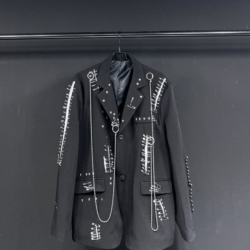 WVGA Autumn Winter New Man Tide Destroyed Metal Punk Rivet Chain Rock Suit Coat Niche Chic Casual Long Sleeved Blazer Ins W14182