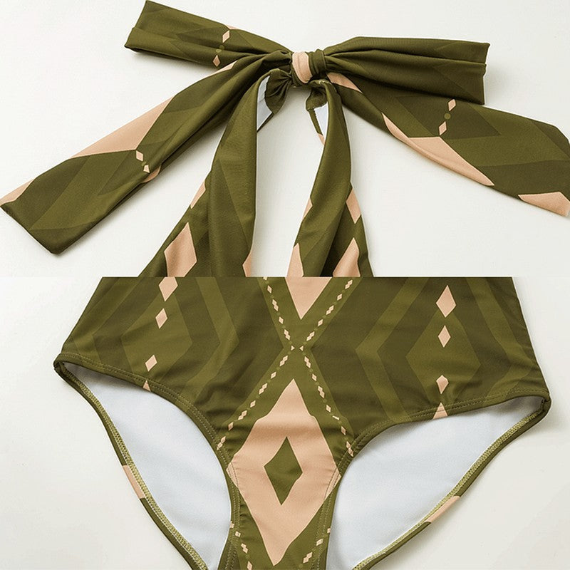 Women Bikini Push Up Swimsuit Halter Neck Geometric Pattern Print One Piece Swimsuit Backless Summer Swimwear Bathing Suit