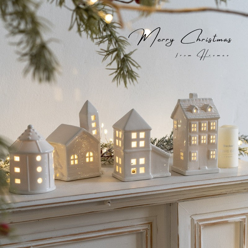Glowing Ceramics Village House LED Light Up Porcelains Statue Figurine Festival Home Desktop Decors Christmas Ornament