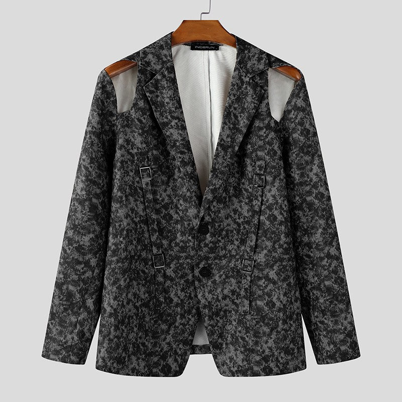 INCERUN Men Blazer Printing Hollow Out Lapel Long Sleeve Male Suit Streetwear Elegant Fashion Casual Thin Coats Men Blazer S-5XL