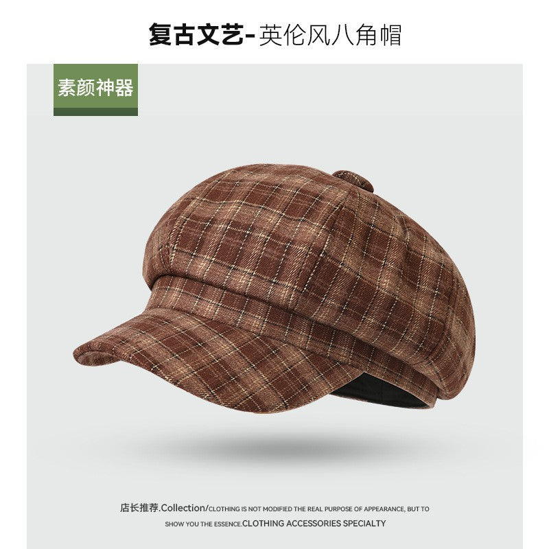 Vintage Plaid Newsboy Cap Women Men British Style Retro Artistic Octagonal Hat Female Male Casual Painter Cap Unisex Fall Winter