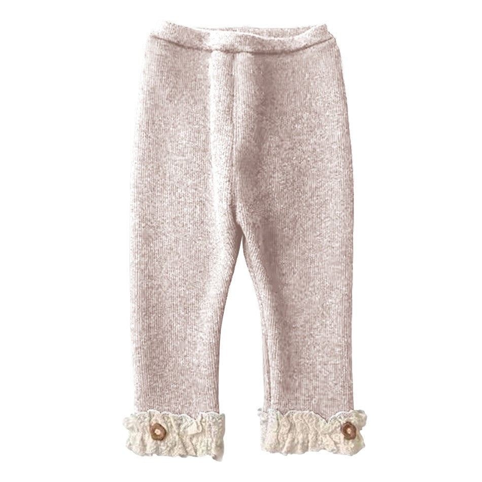 Girls Fleece Lined Leggings Children Fashion Lace Trim Slim Fit Thermal Pants Kids Winter Warm Outwear Casual Clothes