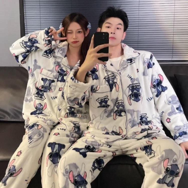 2Pcs Couple Plush Pajamas Suit Cute Disney Stitch Anime Man Woman Homewar Long Sleeve Pants Winter Cartoon Thicken Sleepwear