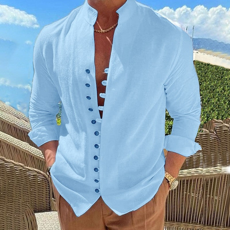 Men Business Workwear Blouse Shirts Autumn Spring Male Vintage Cotton Linen Blouse Tops LRFZ-776
