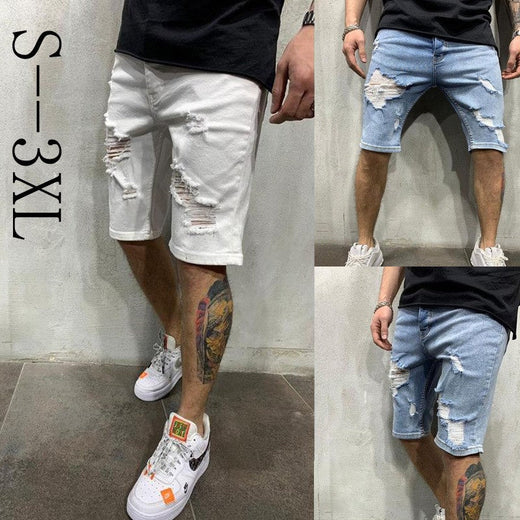 2024 Ripped tassel denim shorts New Summer Men's Personalized Washable Perforated Denim Pants Large Casual Middle Pants