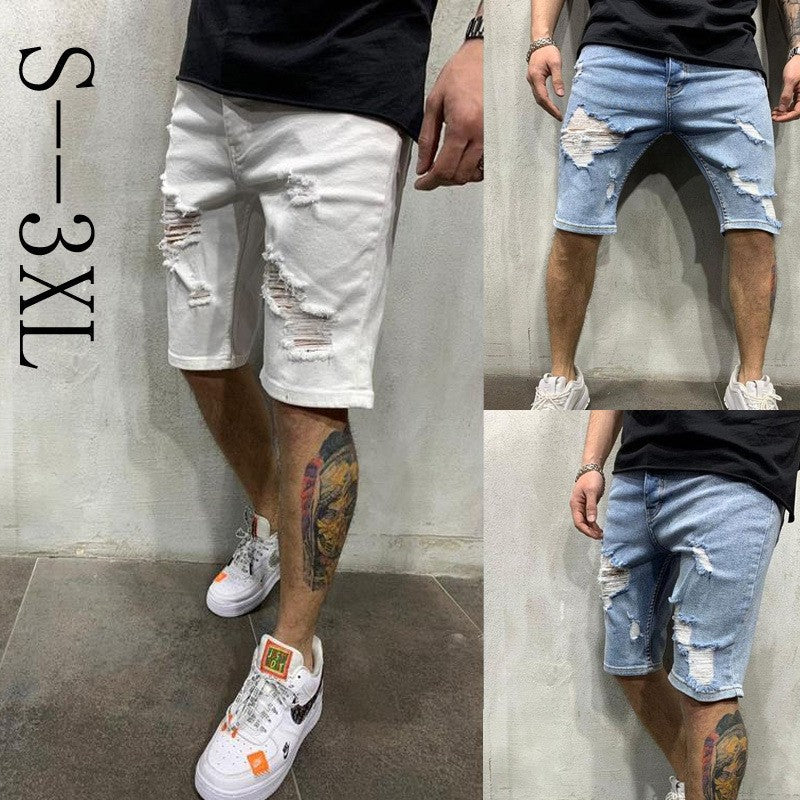 2024 Ripped tassel denim shorts New Summer Men's Personalized Washable Perforated Denim Pants Large Casual Middle Pants