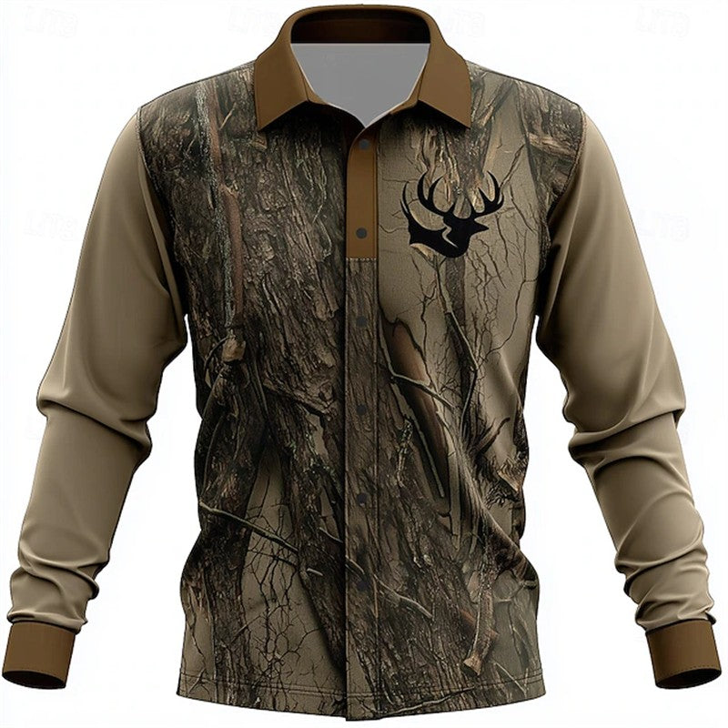 Retro Men's 3D Reindeer Print Shirt Men's Long-sleeved Shirt Breathable Casual Button Loose Top Ethnic Retro Lapel Shirt