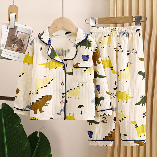 Kids Spring Summer Pajamas Set Cute Cartoon Print Long Sleeve Lapel Soft Sleepwear for Boys Girls Baby Casual Loose Loungewear