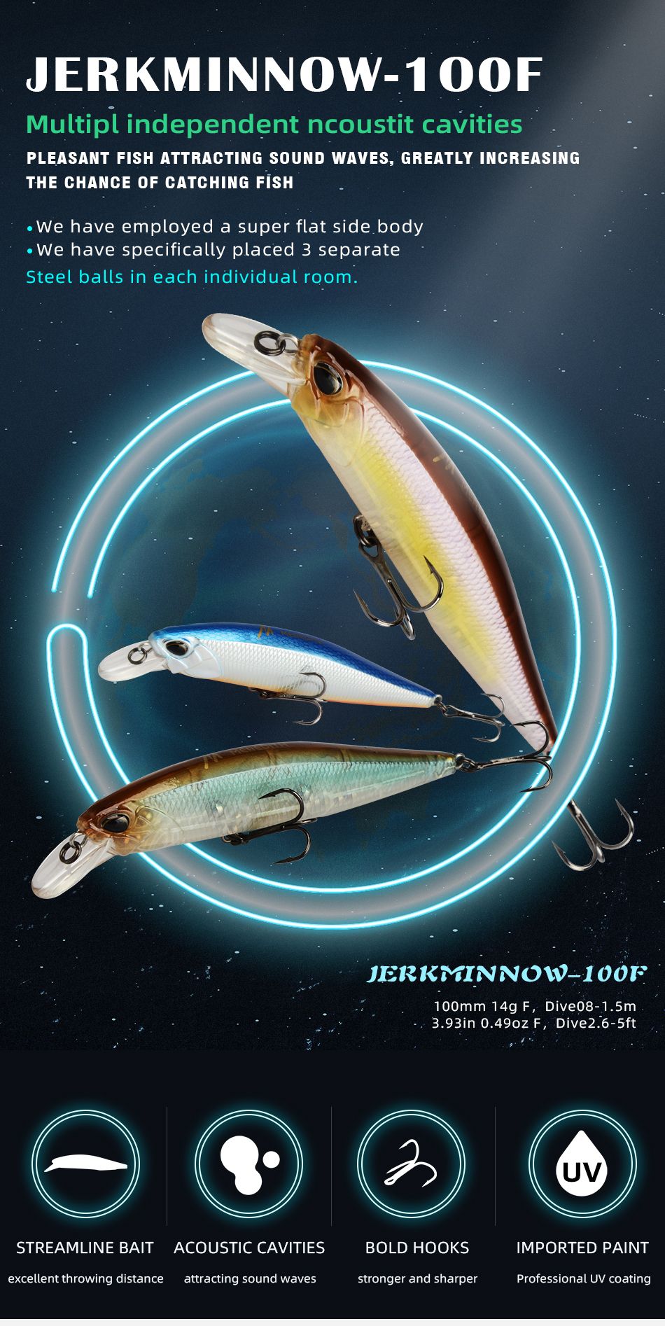 MEREDITH JERK MINNOW 100F 14g Floating Wobbler Fishing Lure 24Color Minnow Lure Hard Bait Quality Professional Depth0.8-1.0m