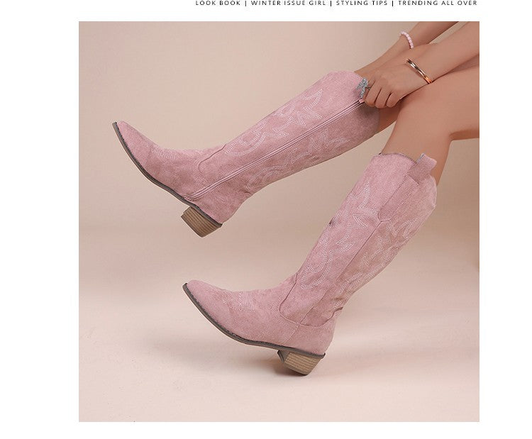 Embroidered Western Cowboy Boots for Women Autumn Pointed Toe Thick Heel High Knee Boots Woman Loose PU Leather Long Botas Mujer