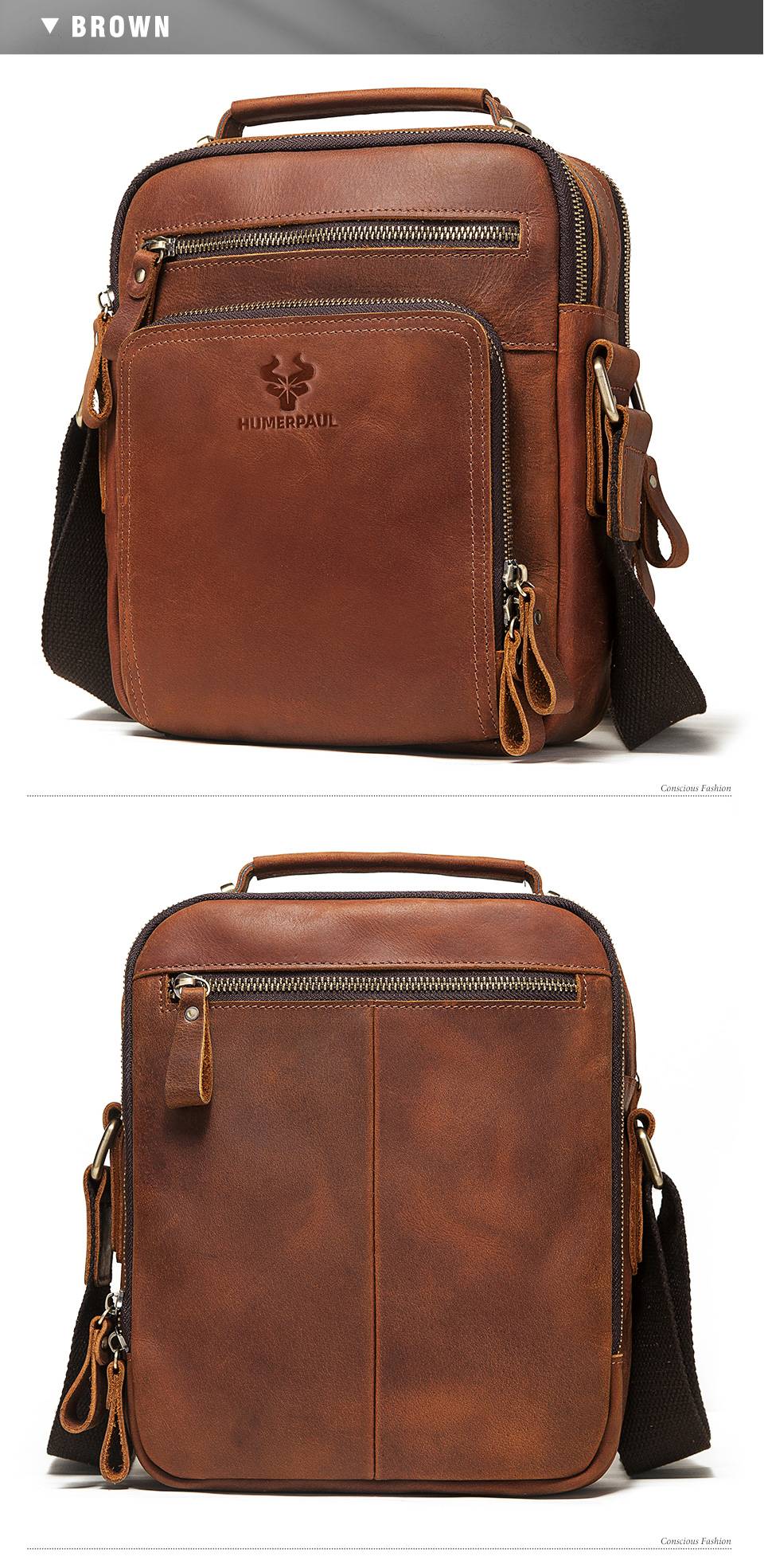HUMERPAUL Genuine Leather Men's Shoulder Bag Vintage Cross Bags Large Capacity Male Messenger Tote Bag Travel Bolso Hombres