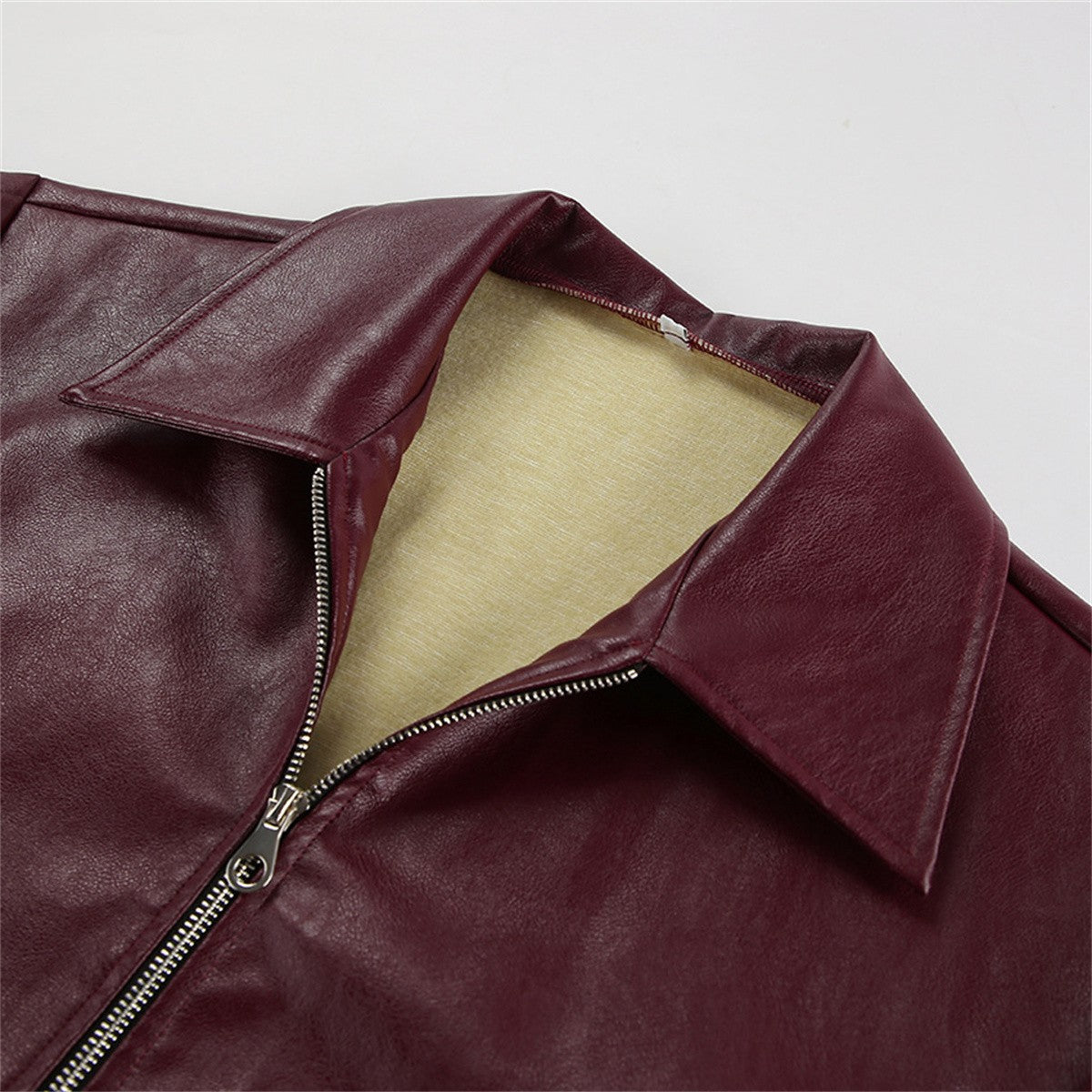 Women Vintage Wine Red Faux Leather Jakcet Fashion Outerwear Zipper Lapel Pu Coats Autumn Winter Streetwear Ladies Short Tops